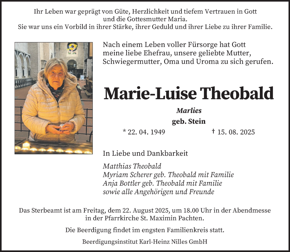  Traueranzeige für Marie-Luise Theobald vom 20.08.2025 aus saarbruecker_zeitung