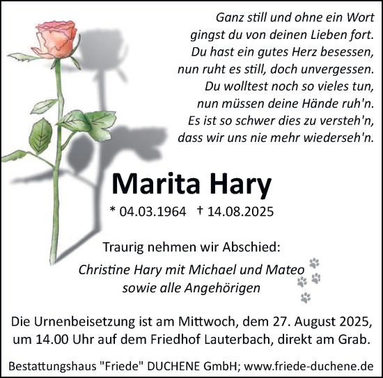 Traueranzeige von Marita Hary von saarbruecker_zeitung