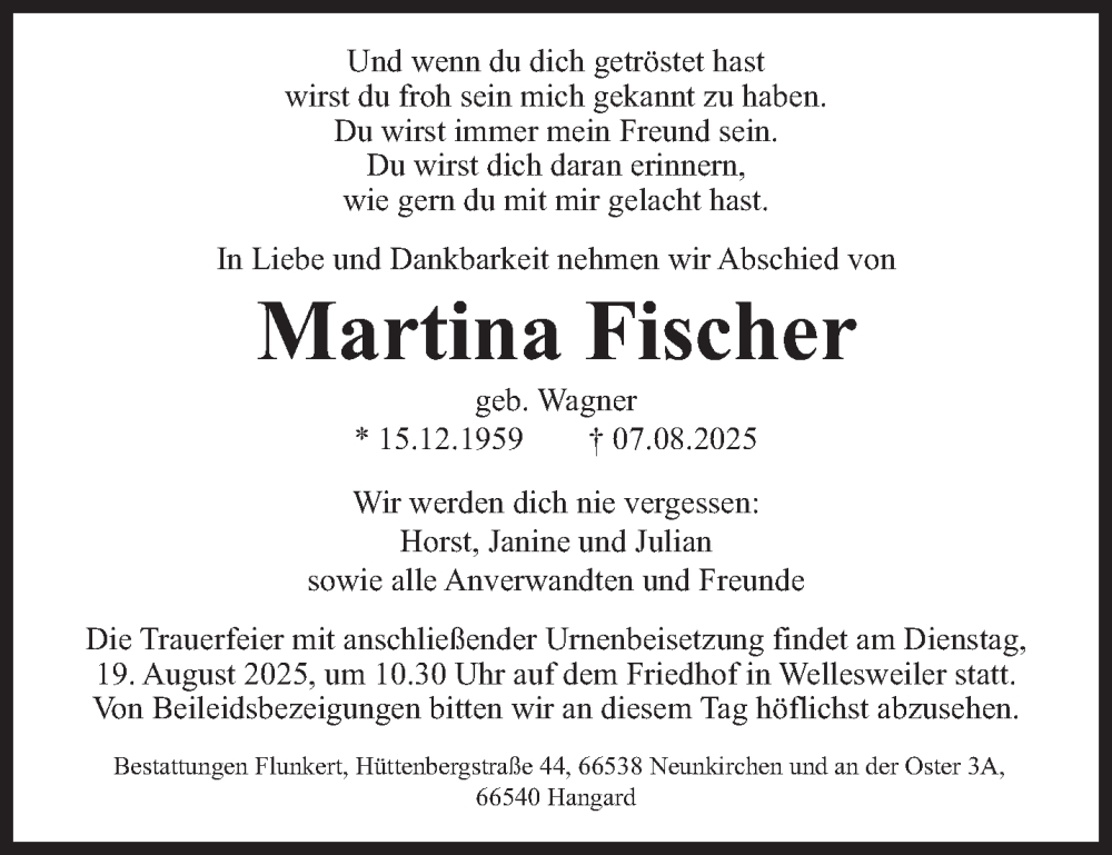  Traueranzeige für Martina Fischer vom 16.08.2025 aus saarbruecker_zeitung