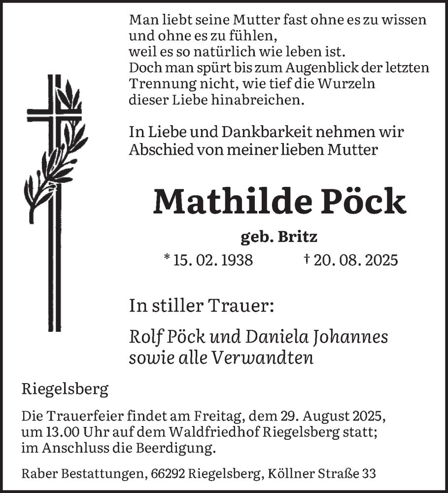  Traueranzeige für Mathilde Pöck vom 27.08.2025 aus saarbruecker_zeitung