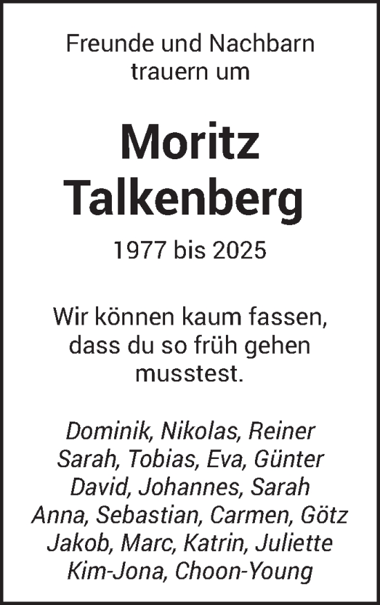 Traueranzeige von Moritz Talkenberg von saarbruecker_zeitung