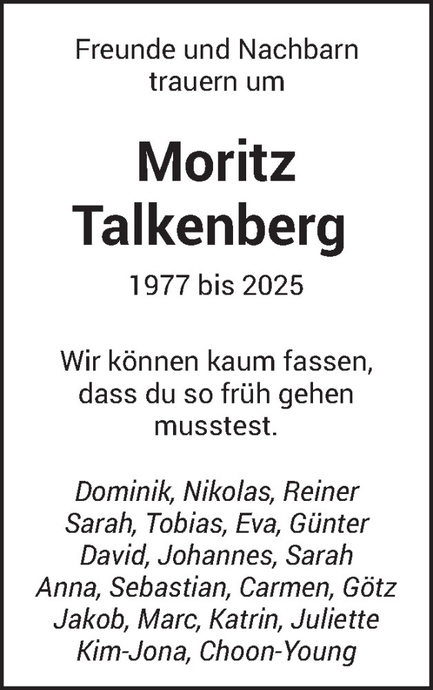  Traueranzeige für Moritz Talkenberg vom 02.08.2025 aus saarbruecker_zeitung