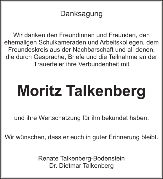 Traueranzeige von Moritz Talkenberg von saarbruecker_zeitung