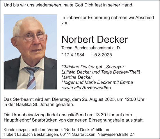 Traueranzeige von Norbert Decker von saarbruecker_zeitung