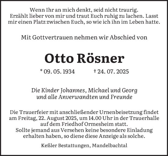 Traueranzeige von Otto Rösner von saarbruecker_zeitung