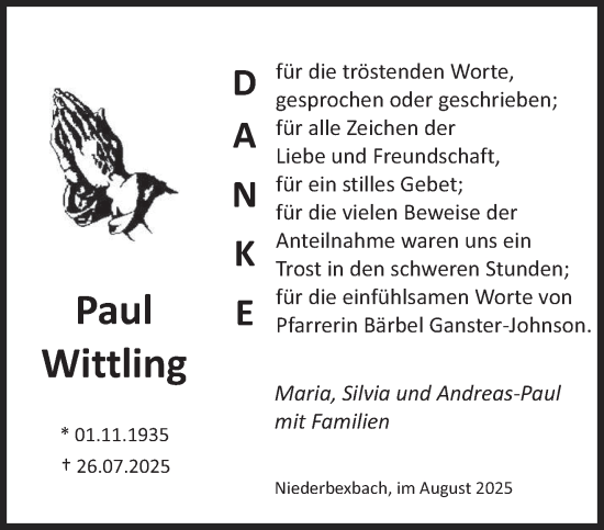 Traueranzeige von Paul Wittling von saarbruecker_zeitung