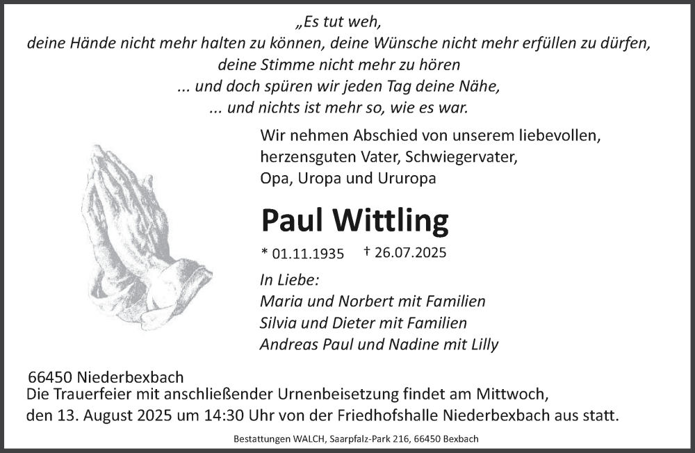  Traueranzeige für Paul Wittling vom 09.08.2025 aus saarbruecker_zeitung