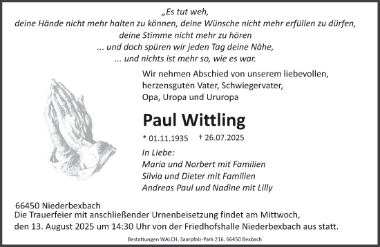 Traueranzeige von Paul Wittling von saarbruecker_zeitung