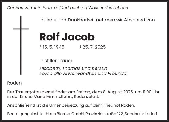 Traueranzeige von Rolf Jacob von saarbruecker_zeitung