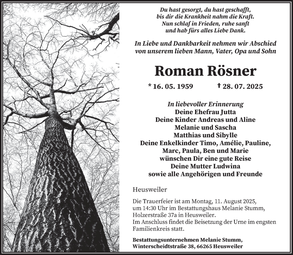  Traueranzeige für Roman Rösner vom 09.08.2025 aus saarbruecker_zeitung