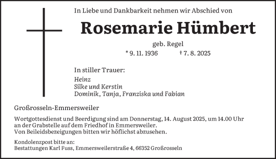 Traueranzeige von Rosemarie Hümbert von saarbruecker_zeitung