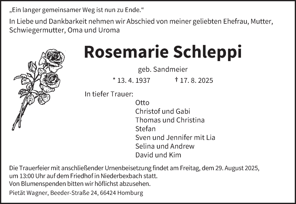  Traueranzeige für Rosemarie Schleppi vom 26.08.2025 aus saarbruecker_zeitung