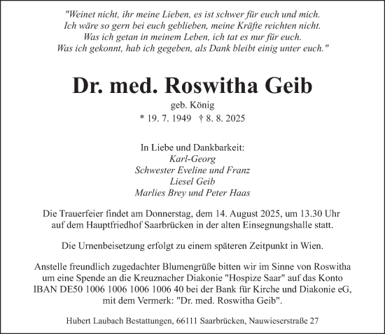 Traueranzeige von Roswitha Geib von saarbruecker_zeitung