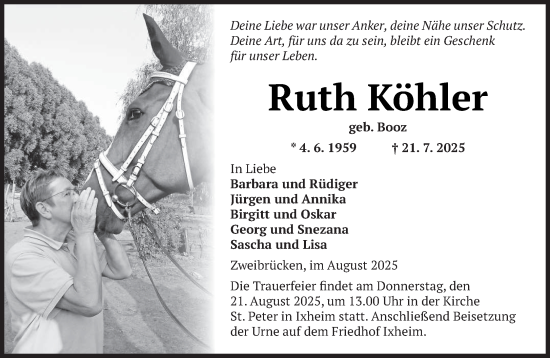 Traueranzeige von Ruth Köhler von saarbruecker_zeitung