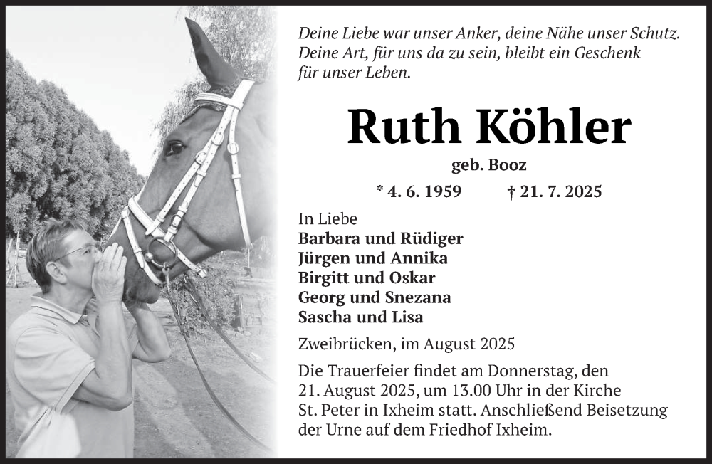  Traueranzeige für Ruth Köhler vom 16.08.2025 aus saarbruecker_zeitung