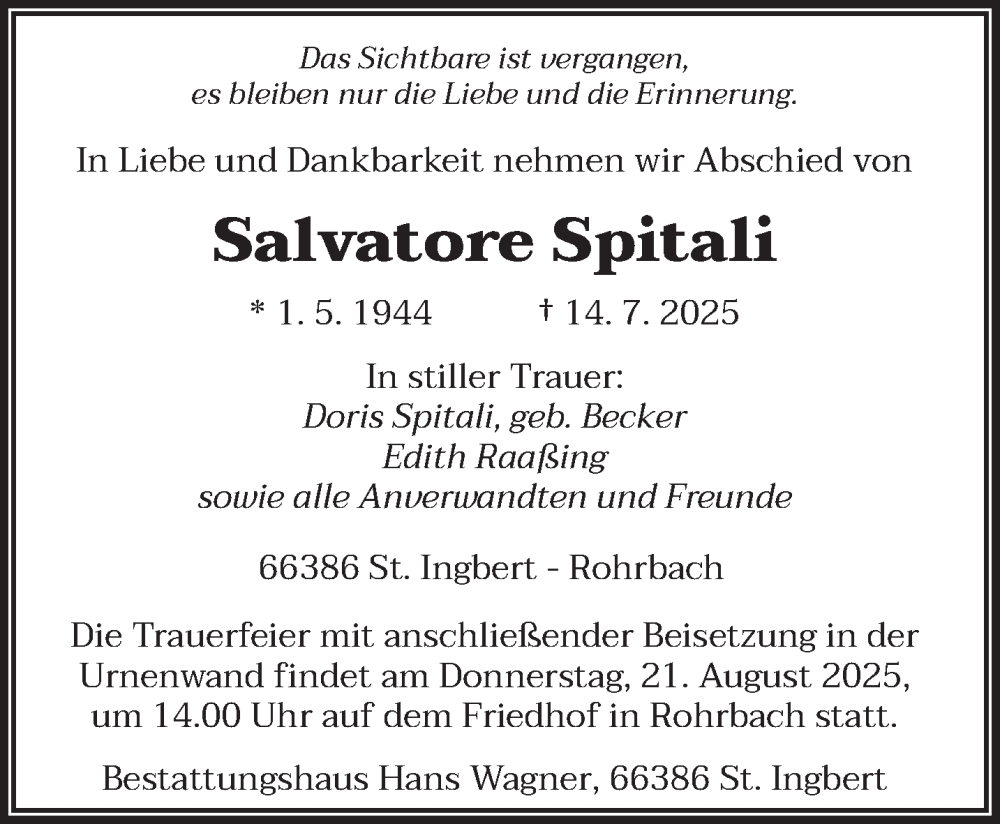  Traueranzeige für Salvatore Spitali vom 16.08.2025 aus saarbruecker_zeitung