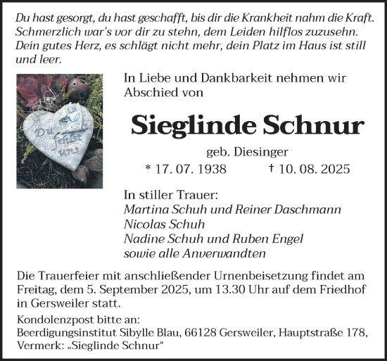 Traueranzeige von Sieglinde Schnur von saarbruecker_zeitung