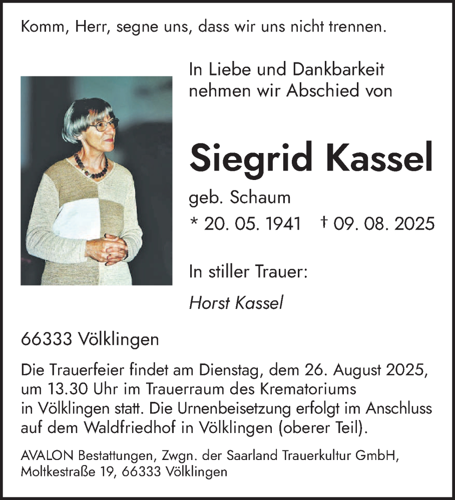  Traueranzeige für Siegrid Kassel vom 16.08.2025 aus saarbruecker_zeitung