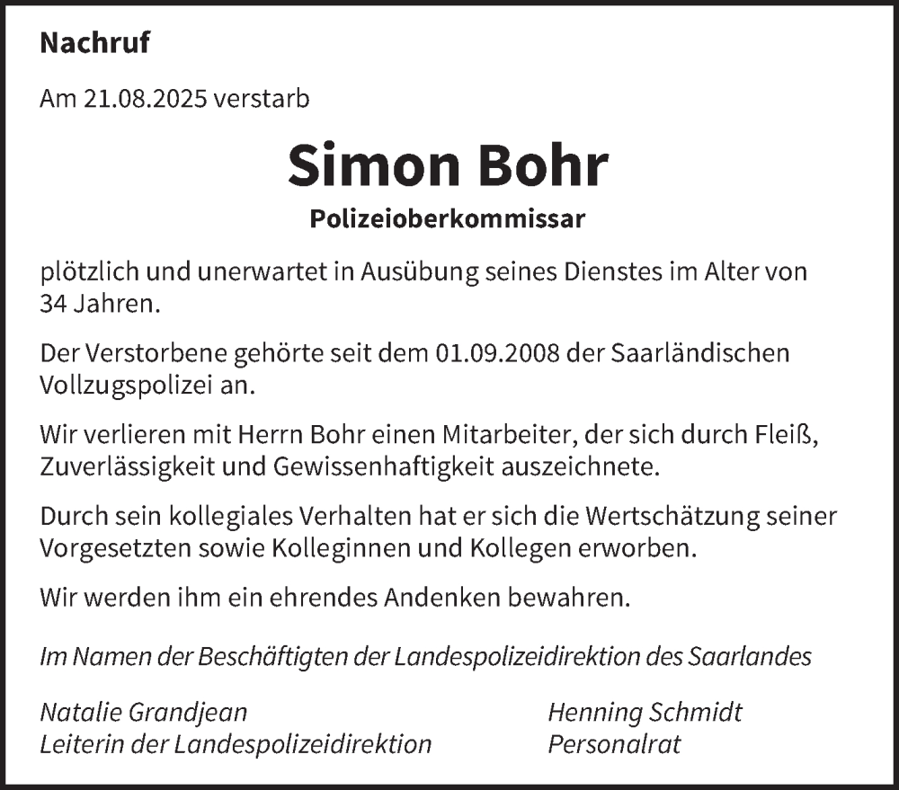  Traueranzeige für Simon Bohr vom 27.08.2025 aus saarbruecker_zeitung
