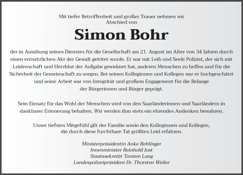  Traueranzeige für Simon Bohr vom 27.08.2025 aus saarbruecker_zeitung