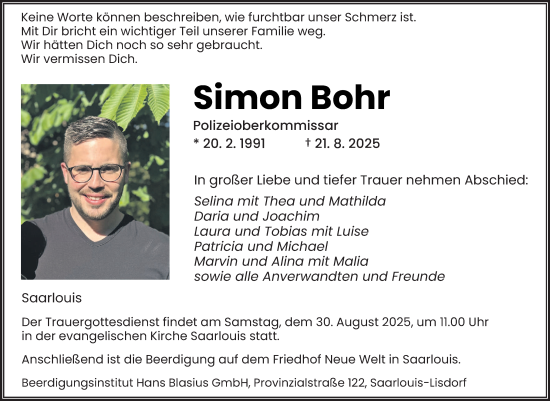 Traueranzeige von Simon Bohr von saarbruecker_zeitung