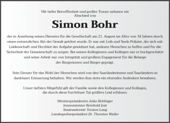Traueranzeige von Simon Bohr von saarbruecker_zeitung