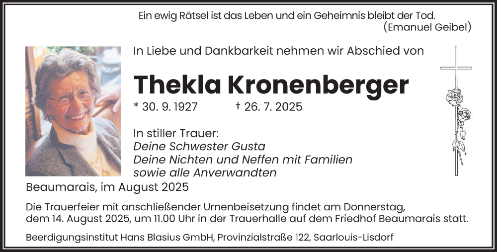  Traueranzeige für Thekla Kronenberger vom 09.08.2025 aus saarbruecker_zeitung