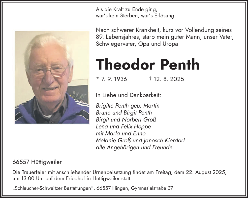  Traueranzeige für Theodor Penth vom 16.08.2025 aus saarbruecker_zeitung