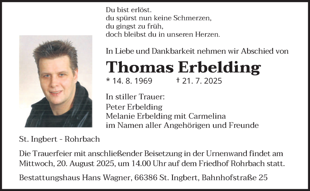  Traueranzeige für Thomas Erbelding vom 09.08.2025 aus saarbruecker_zeitung