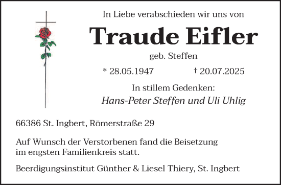 Traueranzeige von Traude Eifler von saarbruecker_zeitung