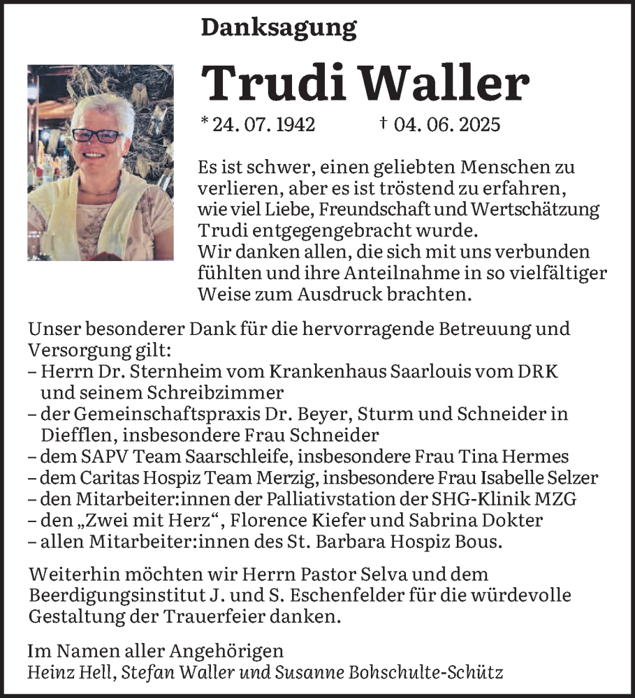  Traueranzeige für Trudi Waller vom 02.08.2025 aus saarbruecker_zeitung