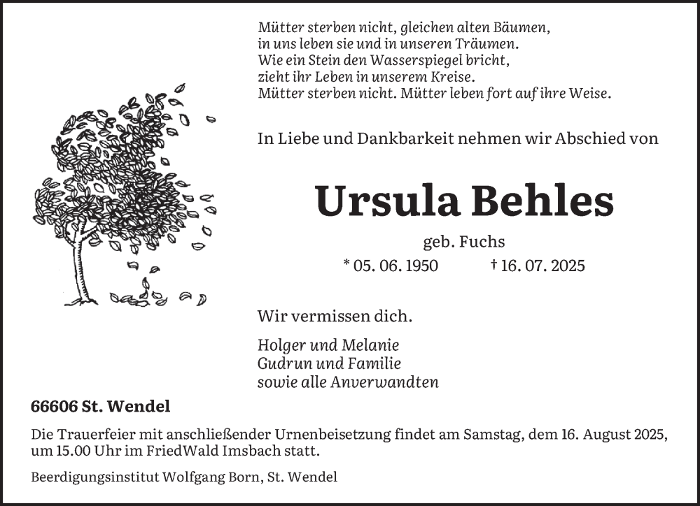  Traueranzeige für Ursula Behles vom 12.08.2025 aus saarbruecker_zeitung