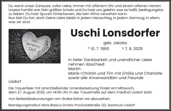 Traueranzeige von Uschi Lonsdorfer von saarbruecker_zeitung