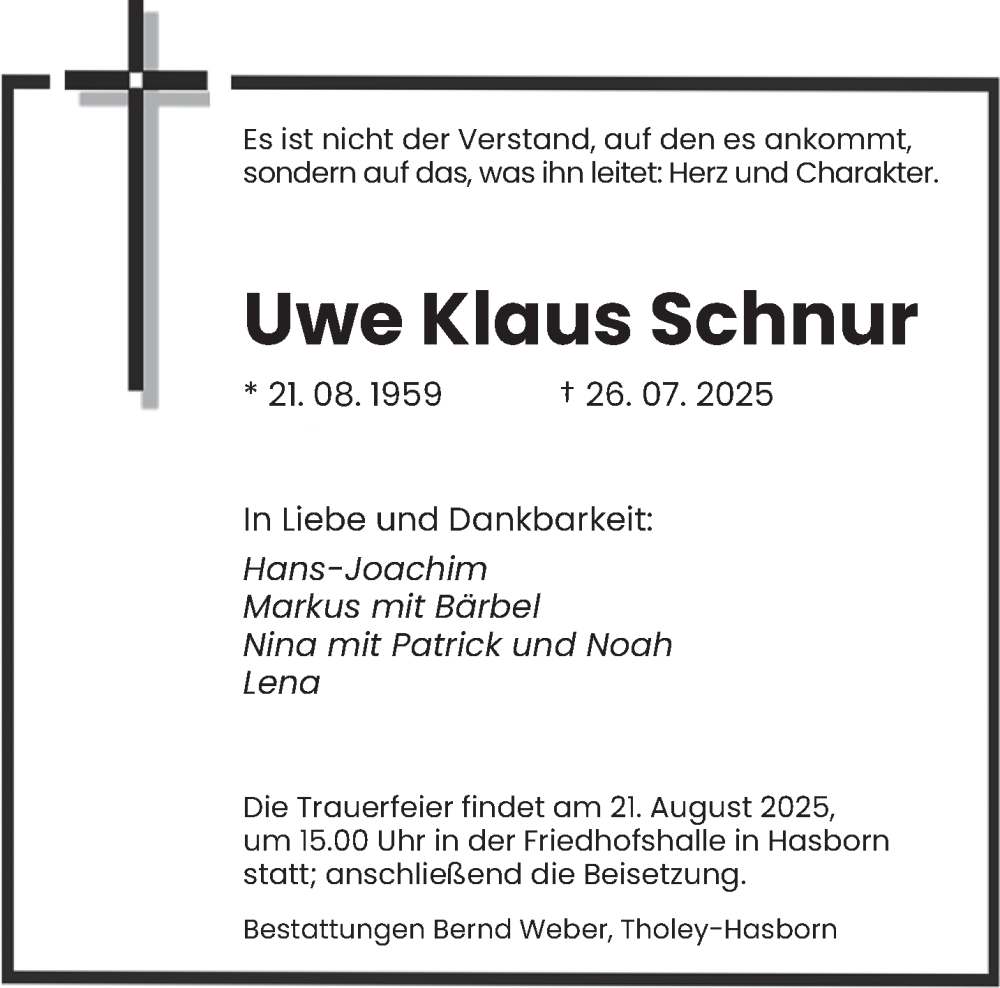  Traueranzeige für Uwe Klaus Schnur vom 16.08.2025 aus saarbruecker_zeitung