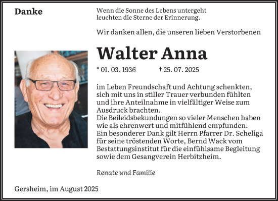 Traueranzeige von Walter Anna von saarbruecker_zeitung