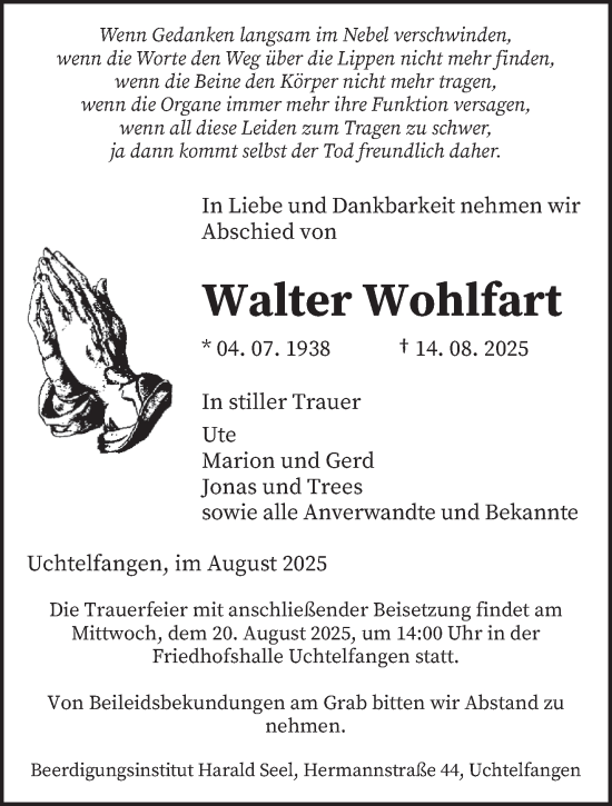 Traueranzeige von Walter Wohlfart von saarbruecker_zeitung