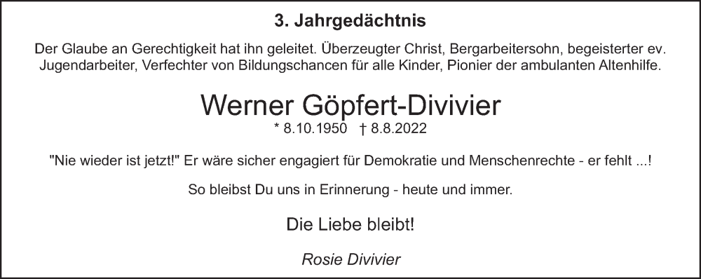  Traueranzeige für Werner Göpfert-Divivier vom 02.08.2025 aus saarbruecker_zeitung
