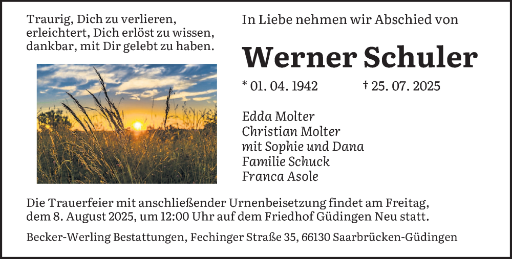  Traueranzeige für Werner Schuler vom 02.08.2025 aus saarbruecker_zeitung