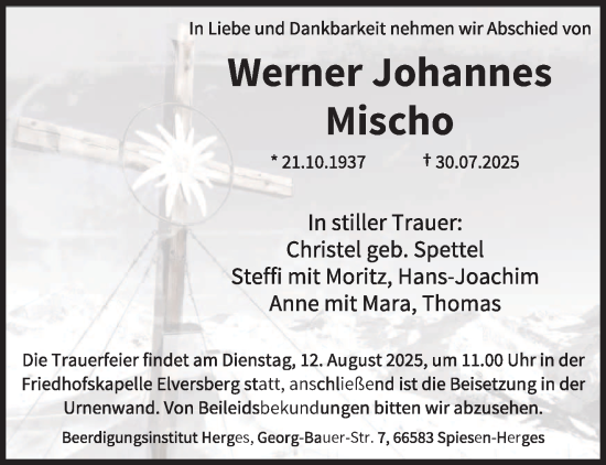 Traueranzeige von Werner Johannes Mischo von saarbruecker_zeitung