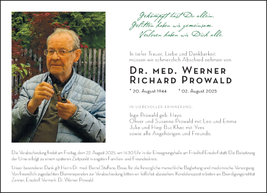 Traueranzeige von Dr. Werner Richard Prowald von saarbruecker_zeitung