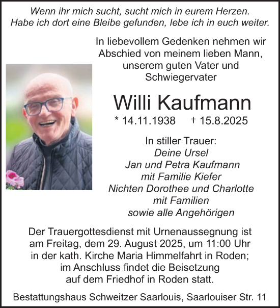 Traueranzeige von Willi Kaufmann von saarbruecker_zeitung