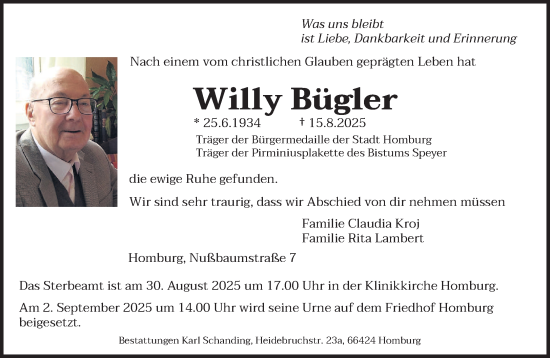 Traueranzeige von Willy Bügler von saarbruecker_zeitung