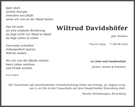 Traueranzeige von Wiltrud Davidshöfer von saarbruecker_zeitung