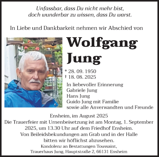 Traueranzeige von Wolfgang Jung von saarbruecker_zeitung