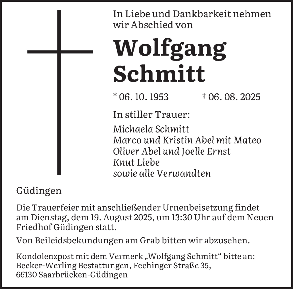  Traueranzeige für Wolfgang Schmitt vom 16.08.2025 aus saarbruecker_zeitung