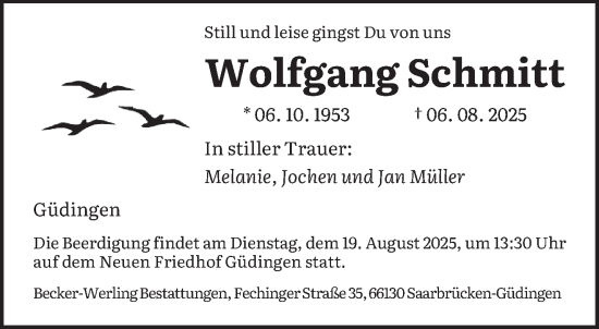 Traueranzeige von Wolfgang Schmitt von saarbruecker_zeitung