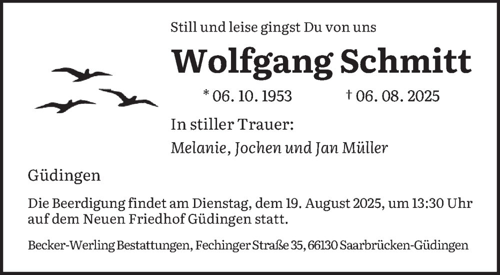  Traueranzeige für Wolfgang Schmitt vom 16.08.2025 aus saarbruecker_zeitung