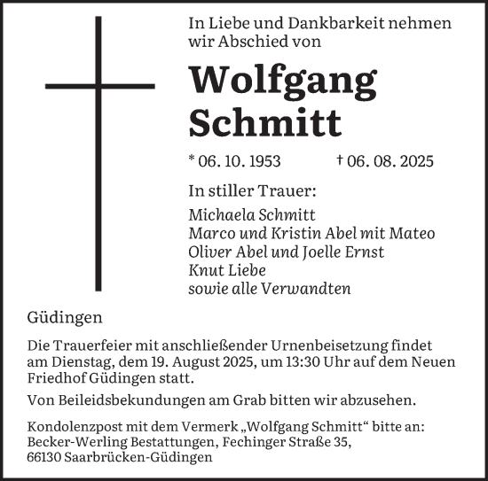 Traueranzeige von Wolfgang Schmitt von saarbruecker_zeitung