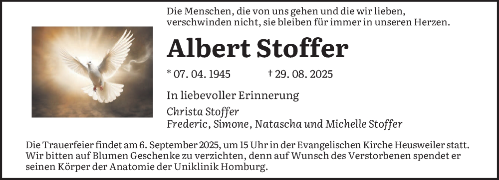  Traueranzeige für Albert Stoffer vom 03.09.2025 aus saarbruecker_zeitung