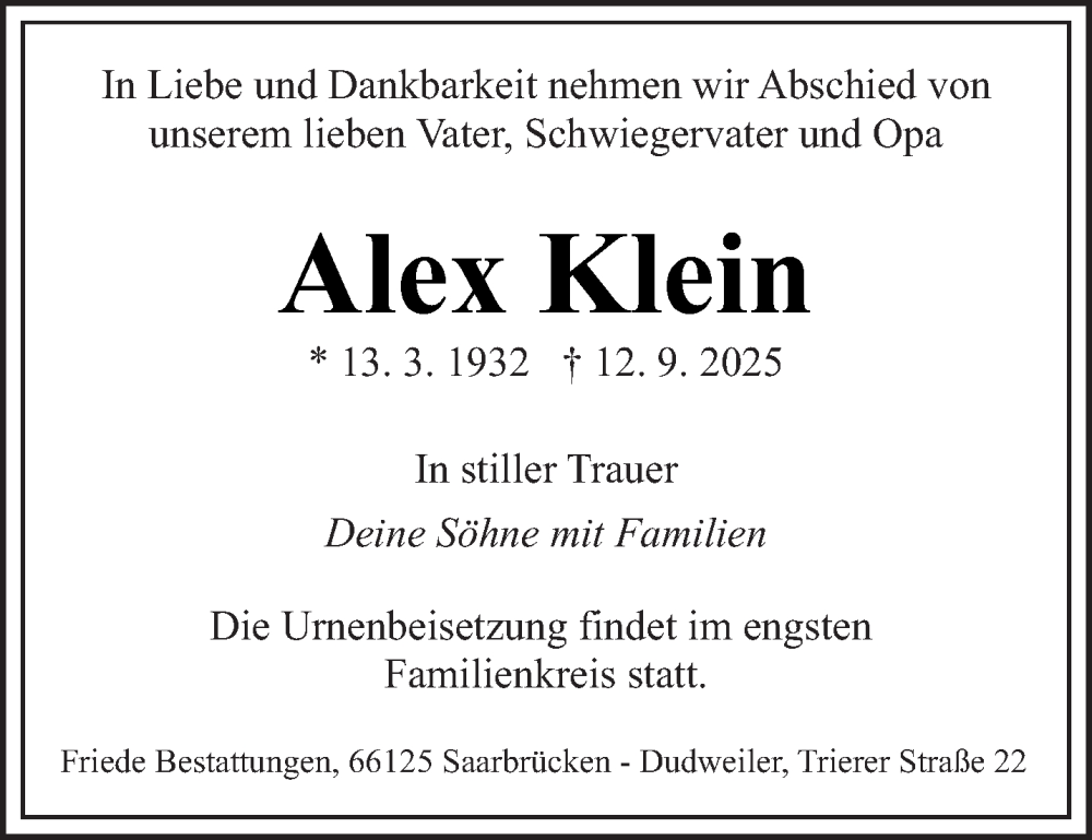  Traueranzeige für Alex Klein vom 24.09.2025 aus saarbruecker_zeitung